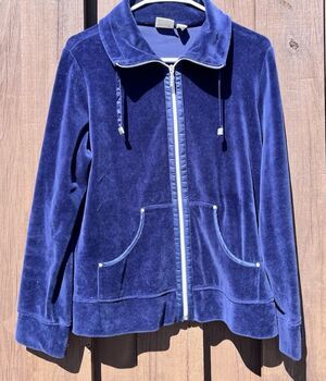 Chicos Zenergy Navy Blue Welour Rhinestone Track Jacket Full Zip Sweatshirt Sz 6